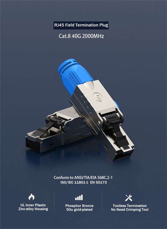 2 Piece RJ45 Cat 8 Ethernet Plug Keystone Jack 40G 2000MHz Shield Toolless