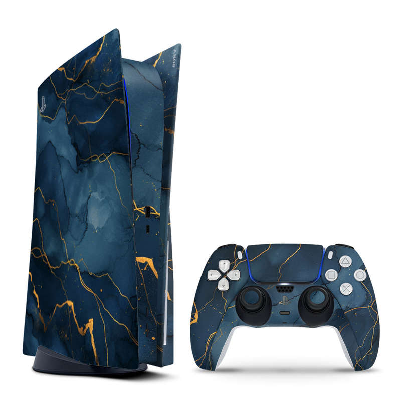 Decal Skin Sticker Compatible with PS5: Dark Blue Marble Gold Veins