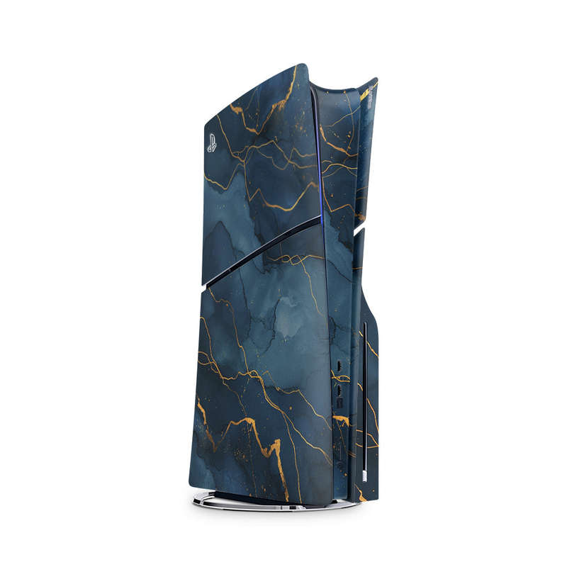 Decal Skin Sticker Compatible with PS5 Slim: Dark Blue Marble Gold Veins