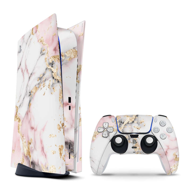 Decal Skin Sticker Compatible with PS5: White and Light Pink Marble with Gold Foil
