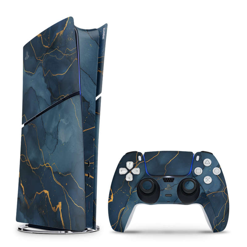 Decal Skin Sticker Compatible with PS5 Slim Digital (No Disk): Dark Blue Marble Gold Veins