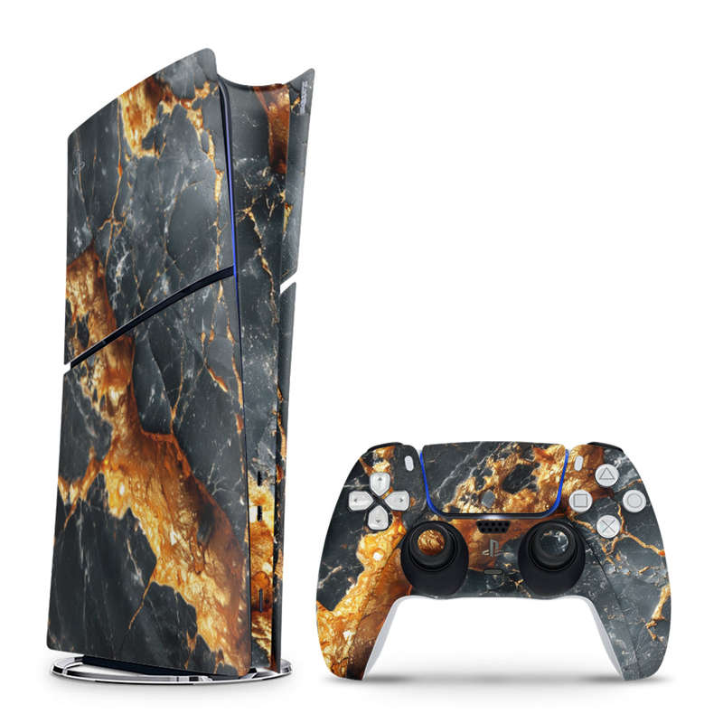 Decal Skin Sticker Compatible with PS5 Slim Digital (No Disk): Carbon Stone Gold