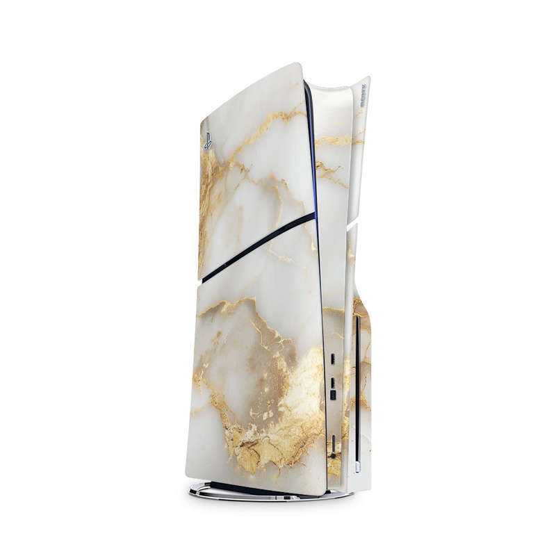 Decal Skin Sticker Compatible with PS5 Slim: White Gold Vein Marble