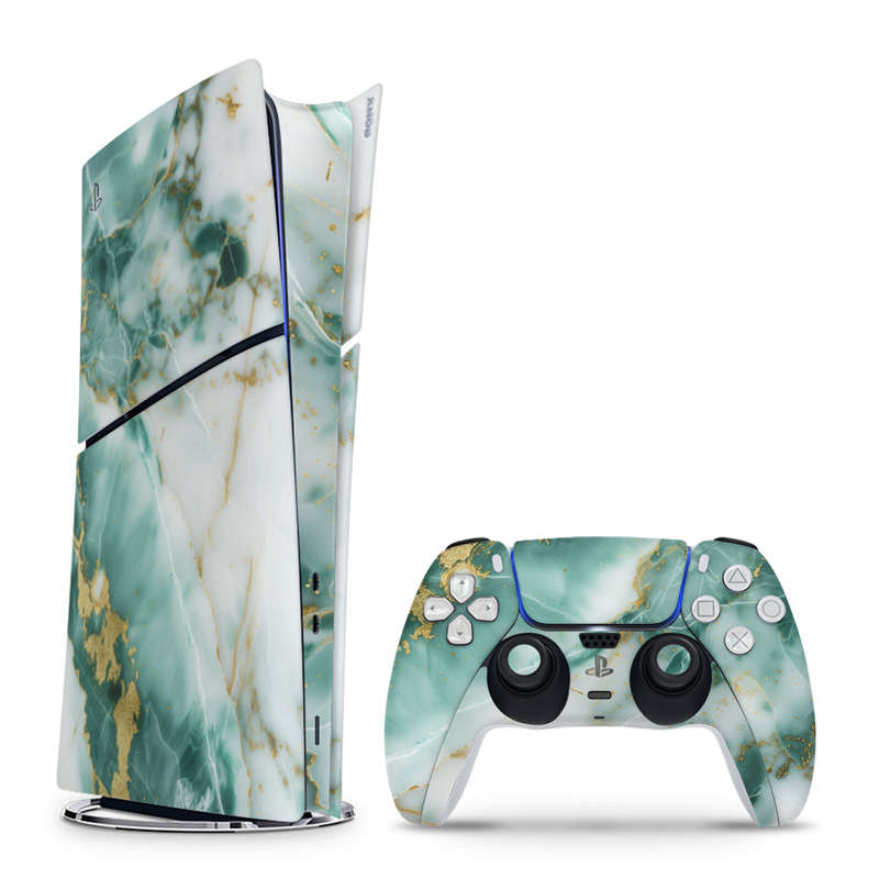 Decal Skin Sticker Compatible with PS5 Slim Digital (No Disk): Marble Emerald Gold
