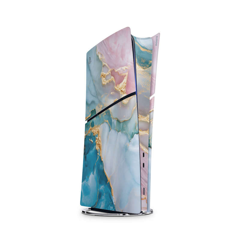 Decal Skin Sticker Compatible with PS5 Slim Digital (No Disk): Vibrant Marbled Gold