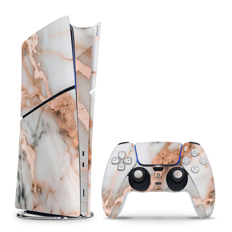 Decal Skin Sticker Compatible with PS5 Slim Digital (No Disk): Marble Rose Gold Accents