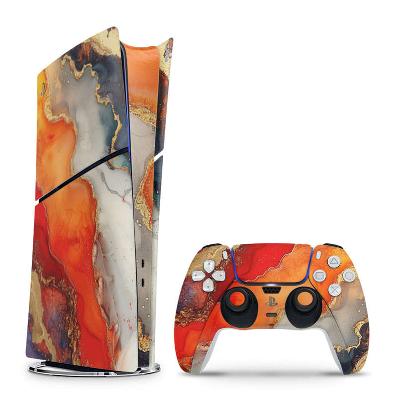 Decal Skin Sticker Compatible with PS5 Slim Digital (No Disk): Vivid Marble Burst Gold