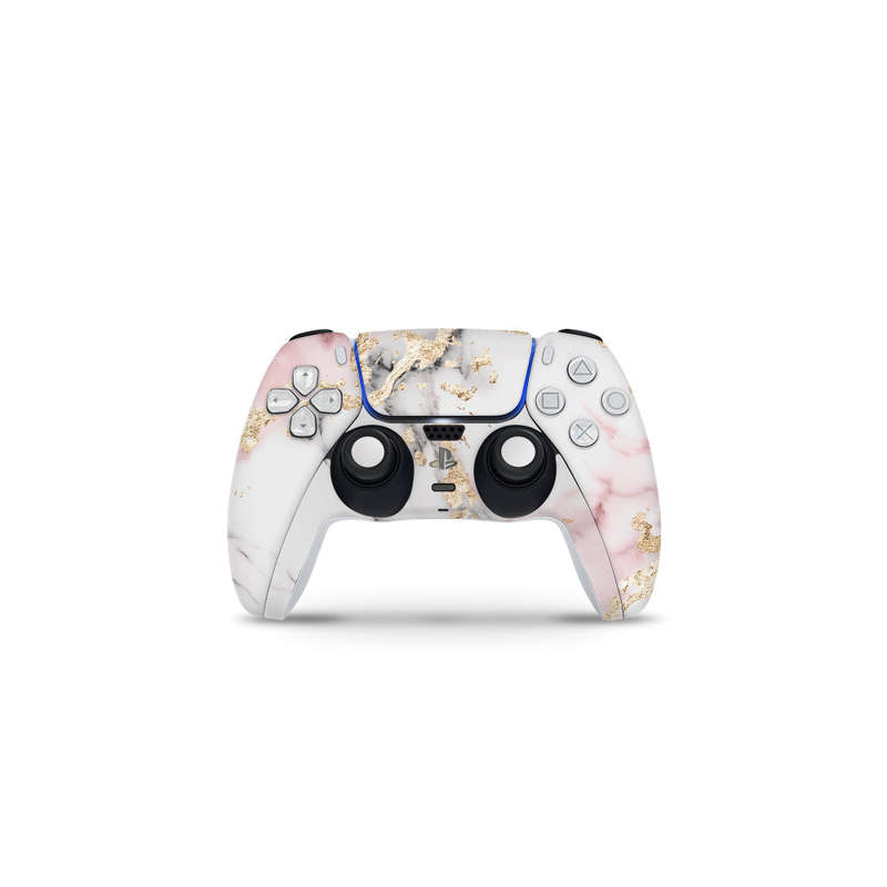 Decal Skin Sticker Compatible with PS5: White and Light Pink Marble with Gold Foil