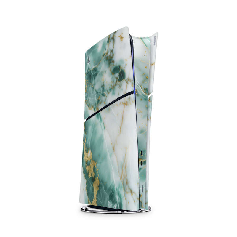 Decal Skin Sticker Compatible with PS5 Slim Digital (No Disk): Marble Emerald Gold