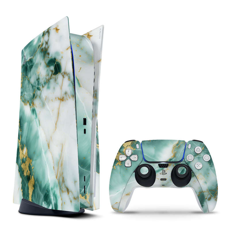 Decal Skin Sticker Compatible with PS5: Marble Emerald Gold