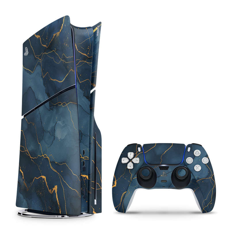 Decal Skin Sticker Compatible with PS5 Slim: Dark Blue Marble Gold Veins