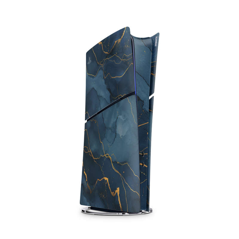 Decal Skin Sticker Compatible with PS5 Slim Digital (No Disk): Dark Blue Marble Gold Veins