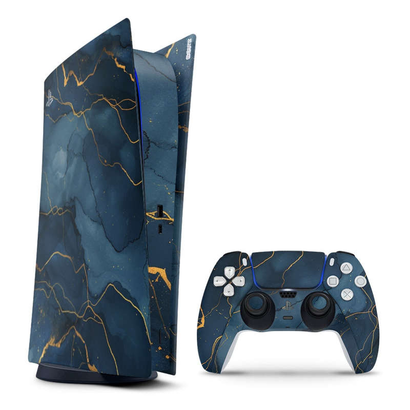 Decal Sticker Skin For PS5 Digital: Dark Blue Marble Gold Veins