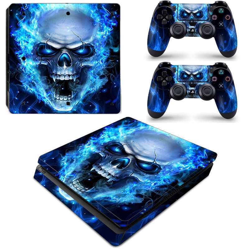 SkinNit Decal Sticker Skin For PS4 Slim: Blue Skull