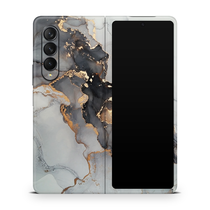 SkinNit Decal Sticker Skin Samsung Galaxy Z Fold 3 Marble White Gold (Decal Skin)