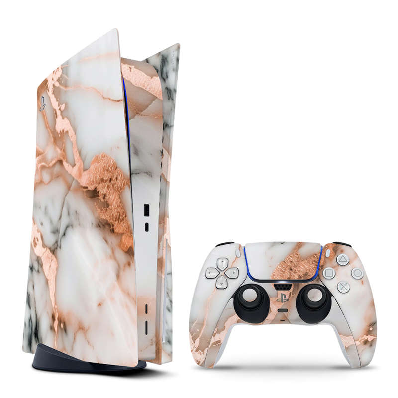 Decal Skin Sticker Compatible with PS5: Marble Rose Gold Accents
