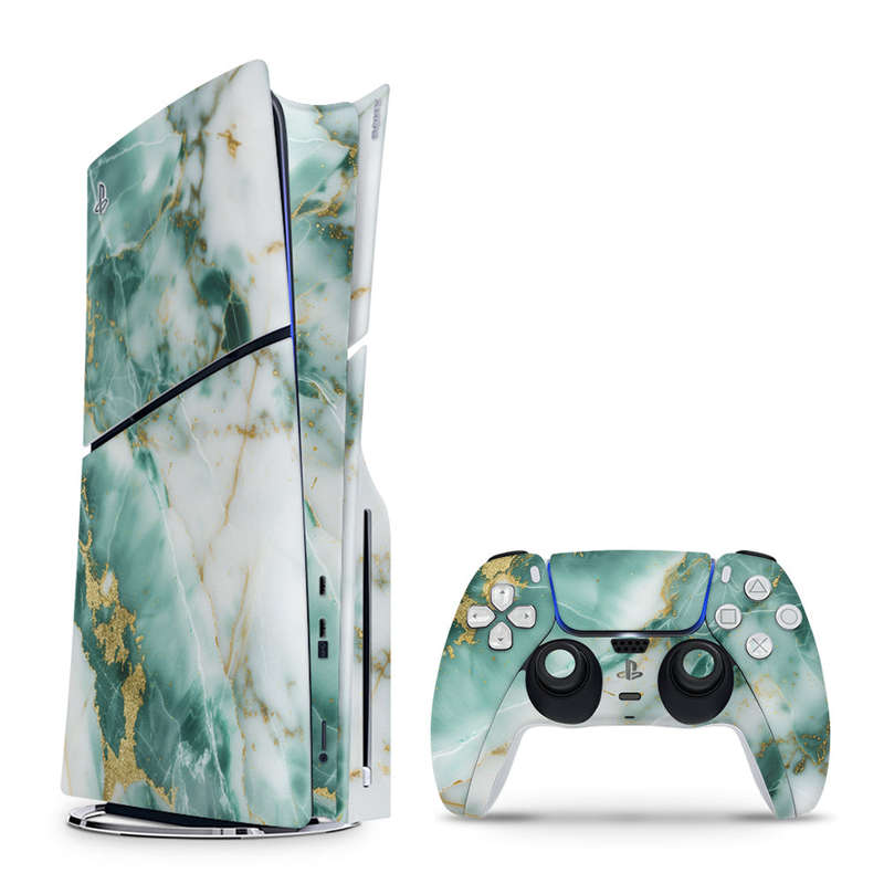 Decal Skin Sticker Compatible with PS5 Slim: Marble Emerald Gold
