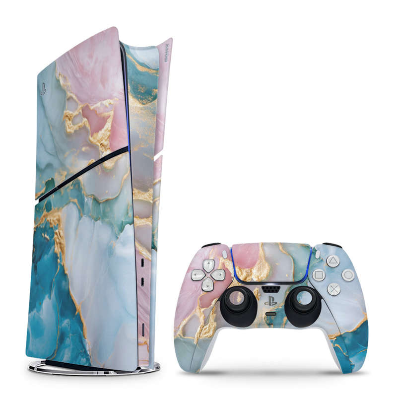 Decal Skin Sticker Compatible with PS5 Slim Digital (No Disk): Vibrant Marbled Gold