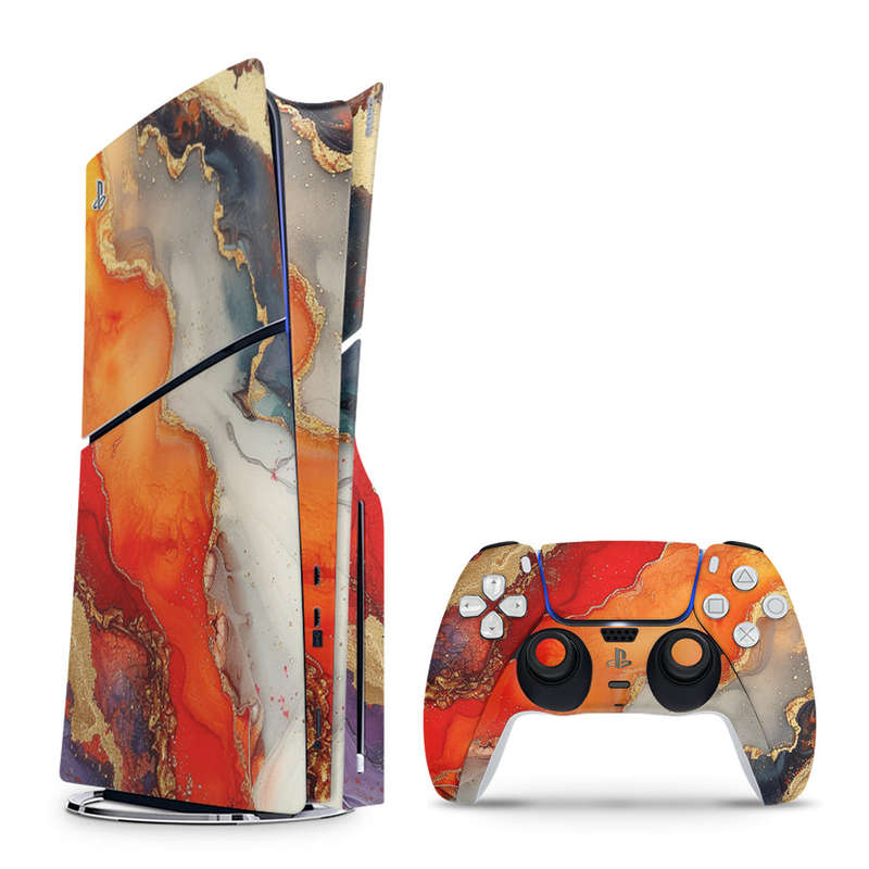 Decal Skin Sticker Compatible with PS5 Slim: Vivid Marble Burst Gold