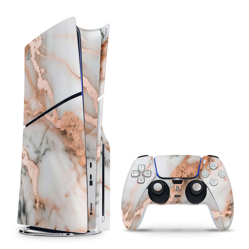 Decal Skin Sticker Compatible with PS5 Slim: Marble Rose Gold Accents