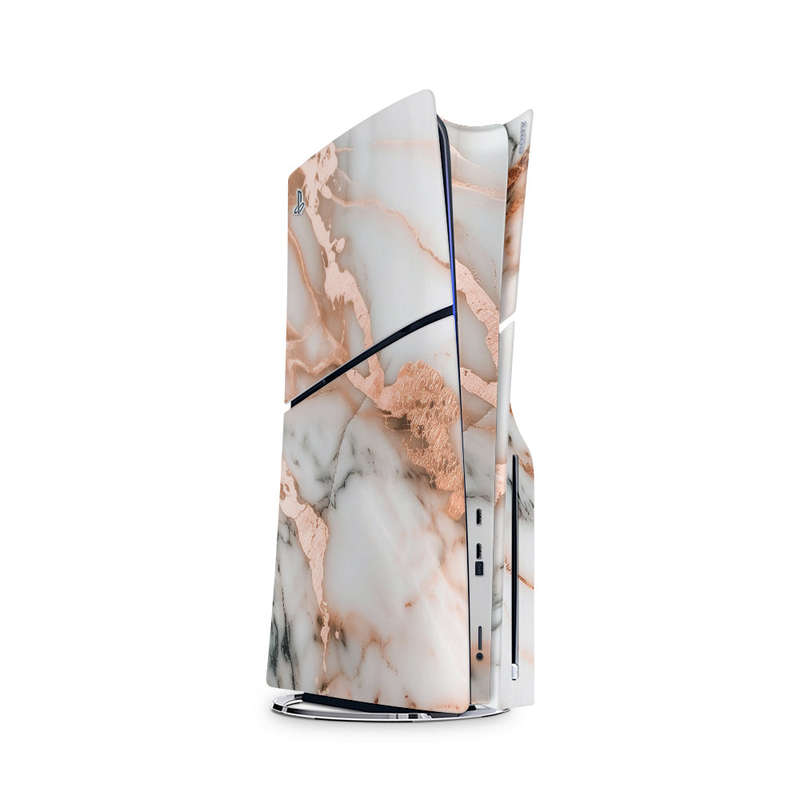 Decal Skin Sticker Compatible with PS5 Slim: Marble Rose Gold Accents