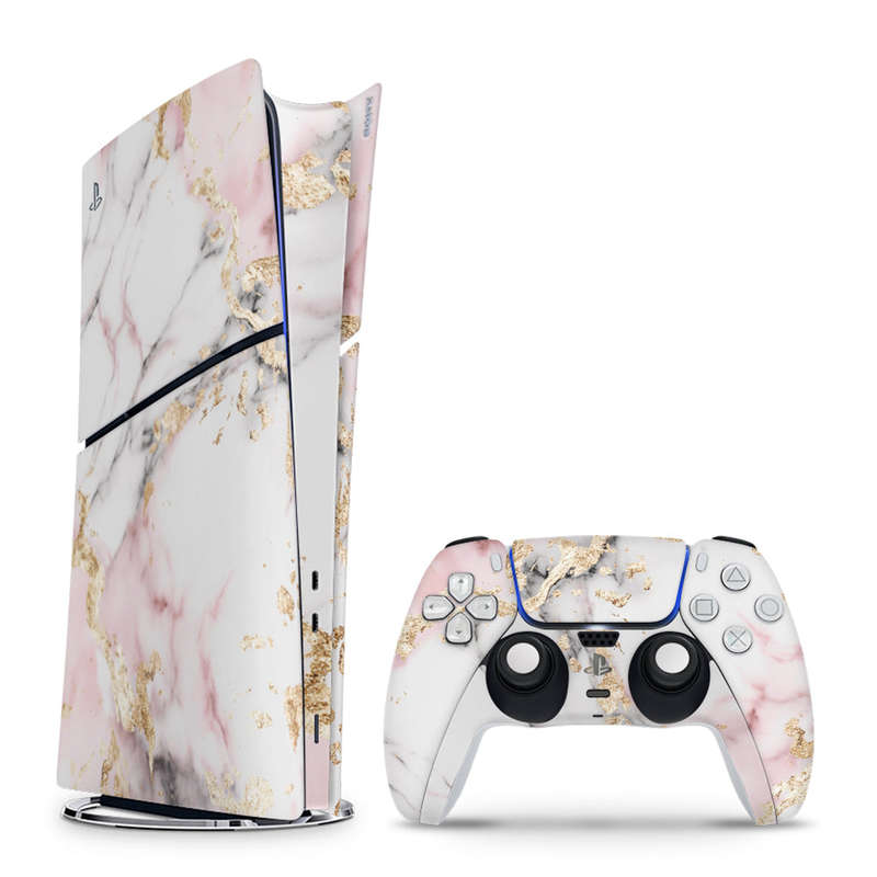 Decal Skin Sticker Compatible with PS5 Slim Digital (No Disk): White and Light Pink Marble with G...