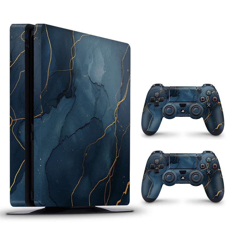 Decal Skin Sticker for PS4 Slim: Dark Blue Marble Gold Veins