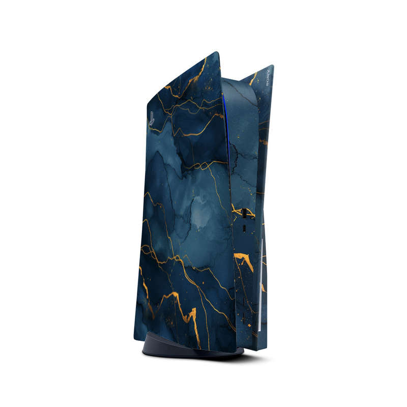 Decal Skin Sticker Compatible with PS5: Dark Blue Marble Gold Veins