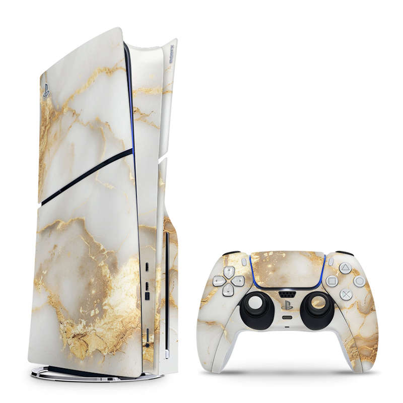 Decal Skin Sticker Compatible with PS5 Slim: White Gold Vein Marble