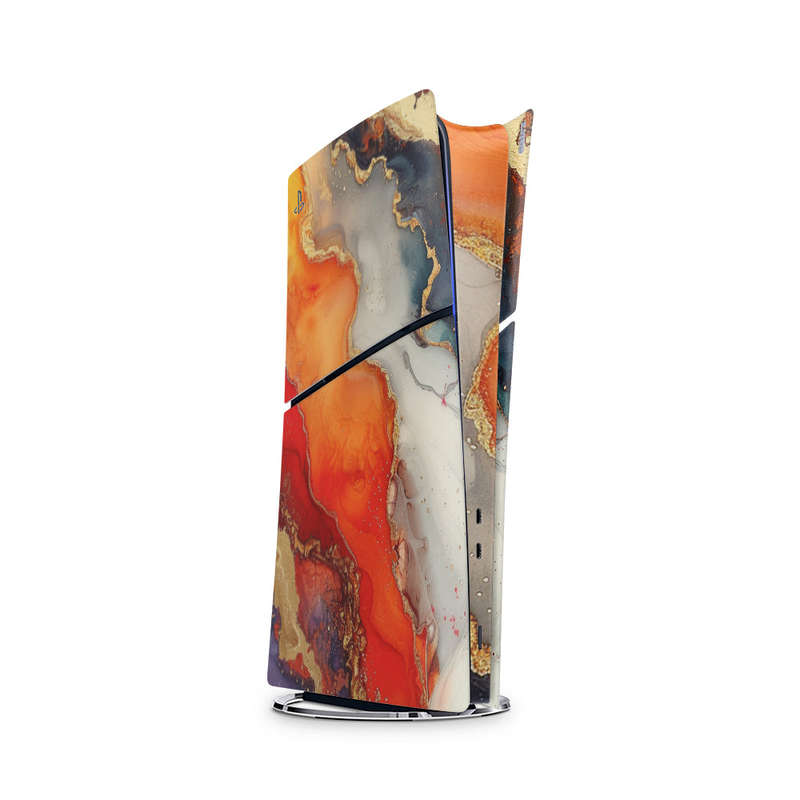 Decal Skin Sticker Compatible with PS5 Slim Digital (No Disk): Vivid Marble Burst Gold