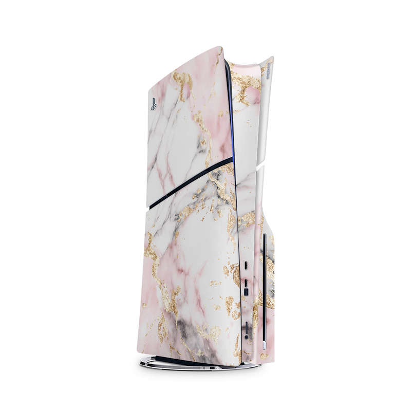 Decal Skin Sticker Compatible with PS5 Slim: White and Light Pink Marble with Gold Foil