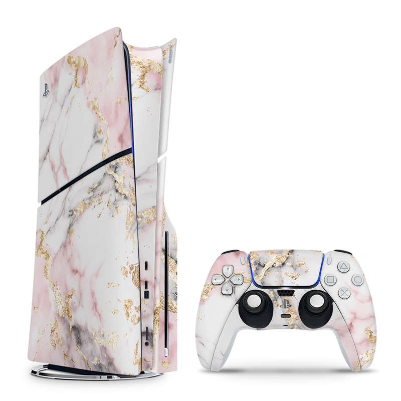 Decal Skin Sticker Compatible with PS5 Slim: White and Light Pink Marble with Gold Foil