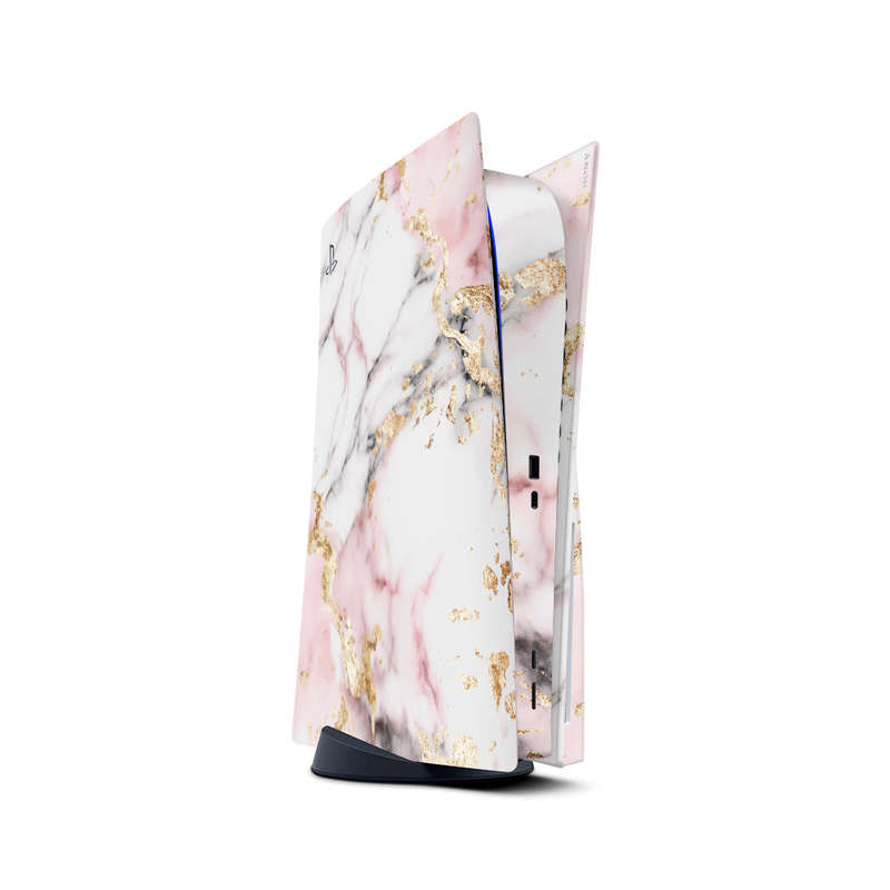 Decal Skin Sticker Compatible with PS5: White and Light Pink Marble with Gold Foil