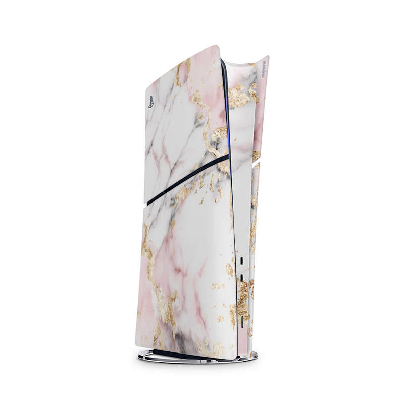 Decal Skin Sticker Compatible with PS5 Slim Digital (No Disk): White and Light Pink Marble with G...