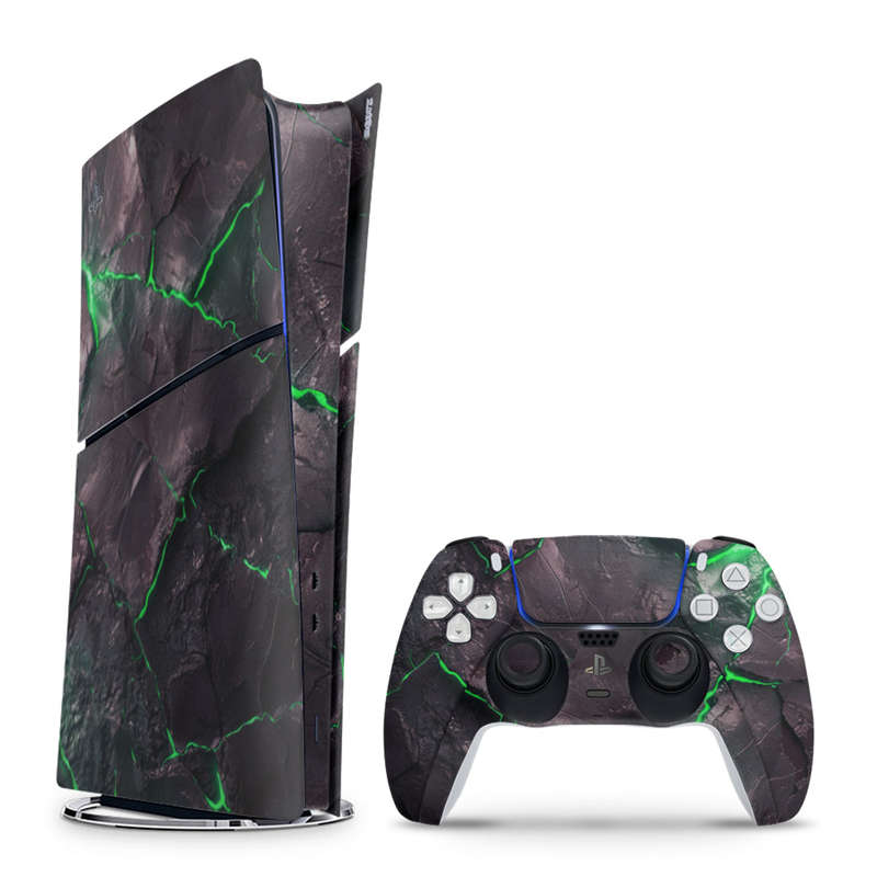 Decal Skin Sticker Compatible with PS5 Slim Digital (No Disk): Carbon Rock Glow Green