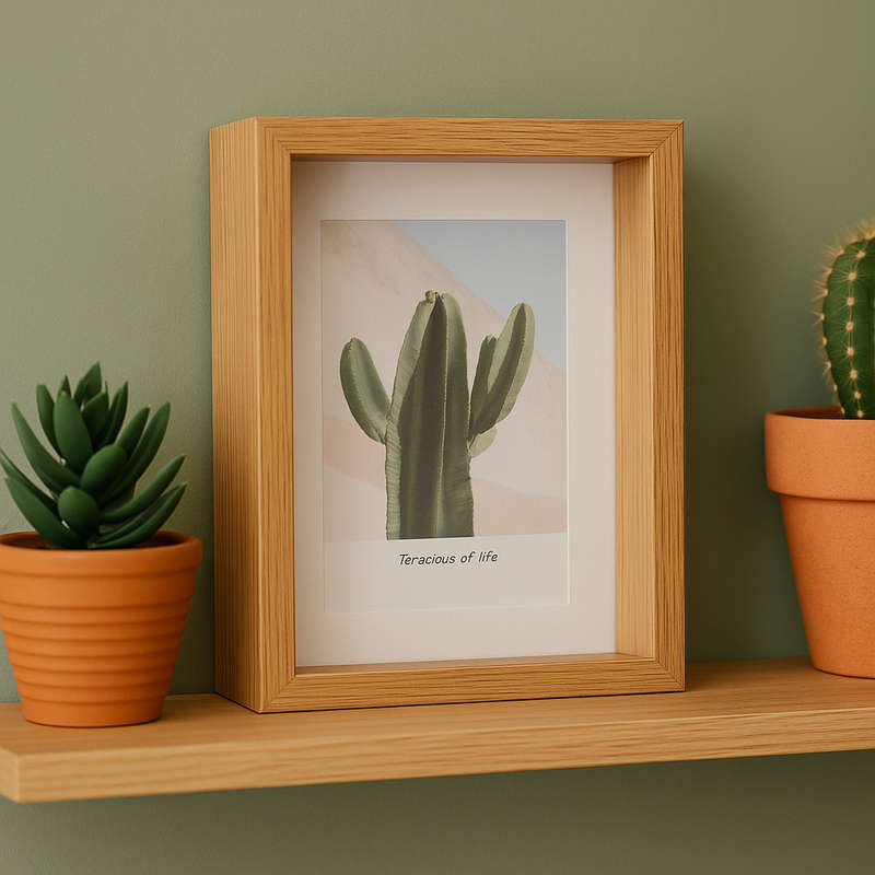 Cactus Floating Photo Frame with Light Brown Border