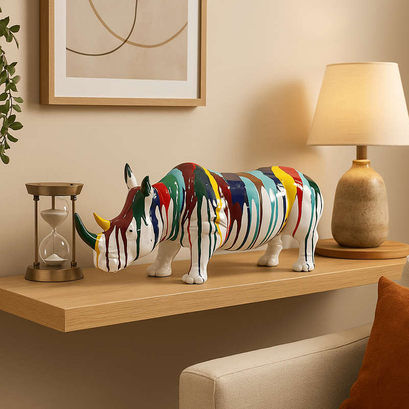 Animal Figurine - Colourful Paint Drips Rhino