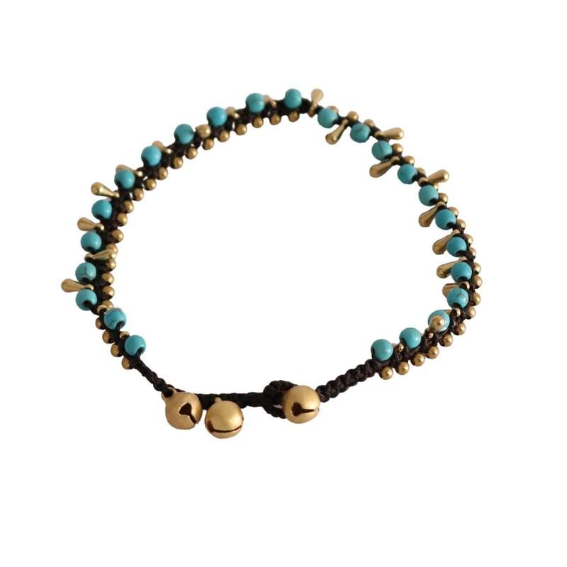 Anklet - Blue Beads and Gold Teardrops Beads