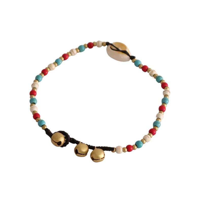Anklet - Red Blue White Stones, Gold Beads, Shell