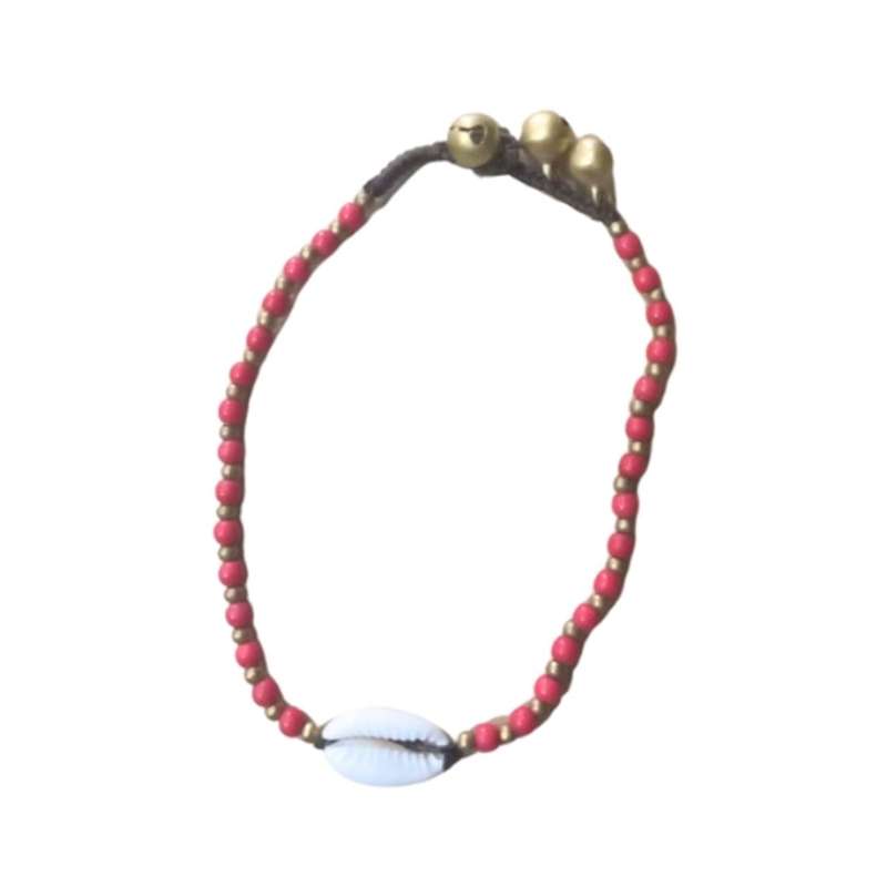 Anklet - White Shell. Red And Gold Beads