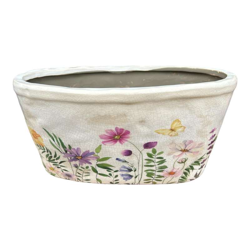 B0824121 Ceramic Oval Pot - Wildflowers And Butterfly