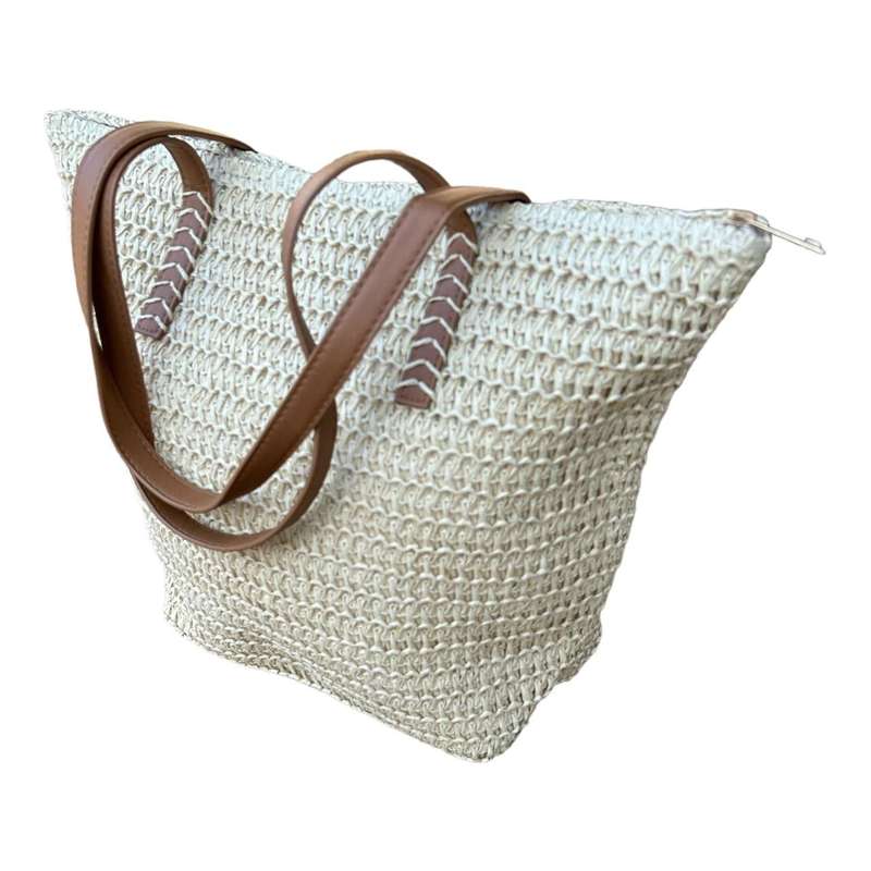 Braided Beach Bag - Dark Brown Faux Leather Handles