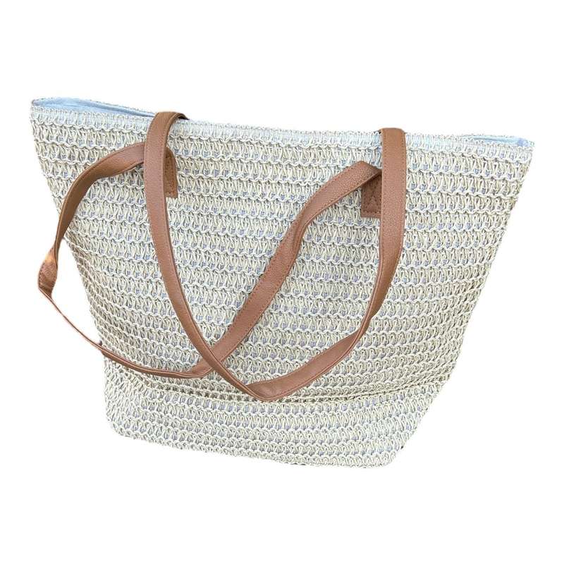 Braided Beach Bag - Light Brown Faux Leather Handles