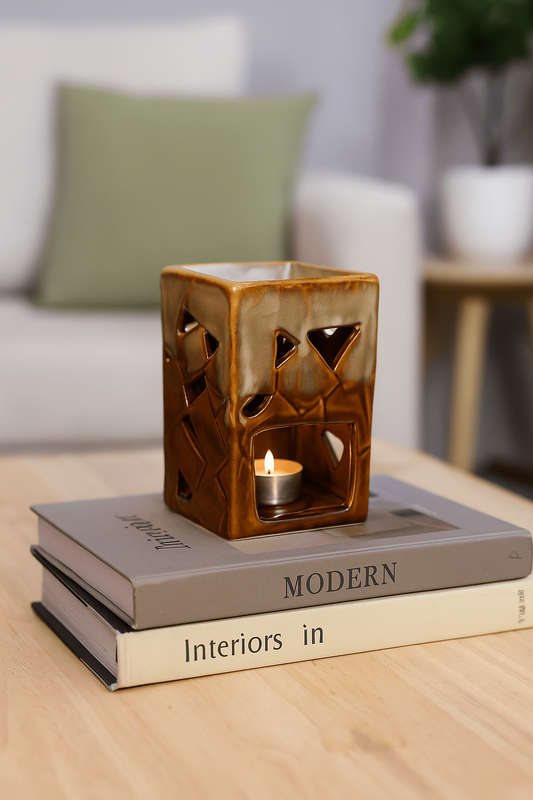 Ceramic Aromatherapy Rectangle Burner Cream and Brown