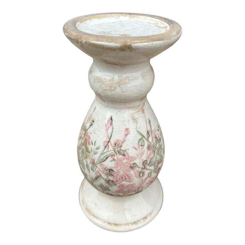 Ceramic Candle Holder - Pink And Green Floral Silhouettes