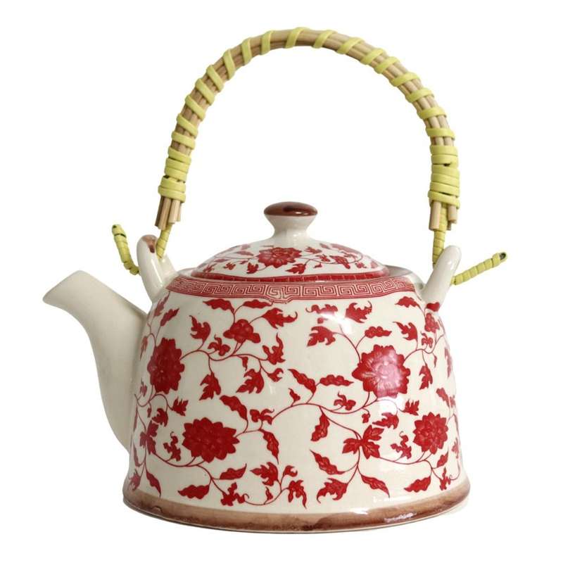Ceramic Chinese Tea Pot - Small Red Flowers And Thin Vines