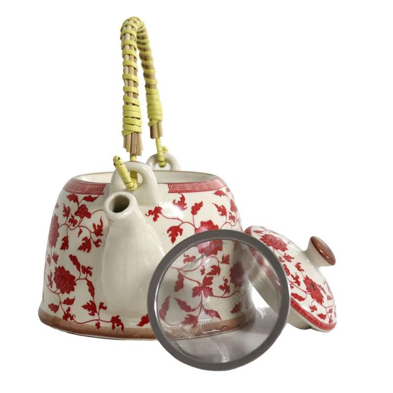 Ceramic Chinese Tea Pot - Small Red Flowers And Thin Vines