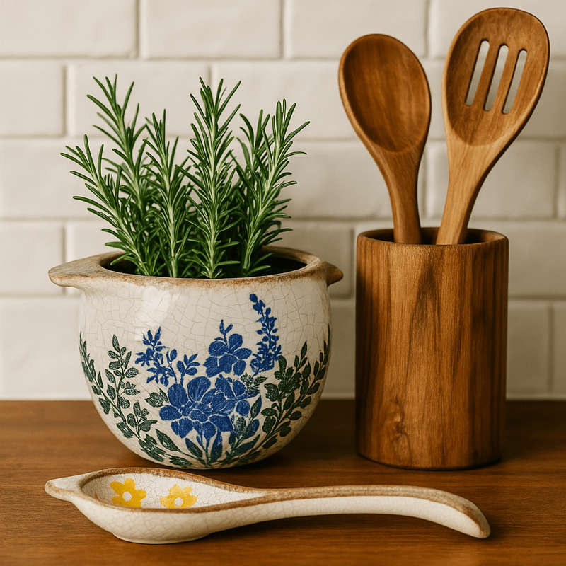Ceramic Handled Pot - Blue And Green Flowers