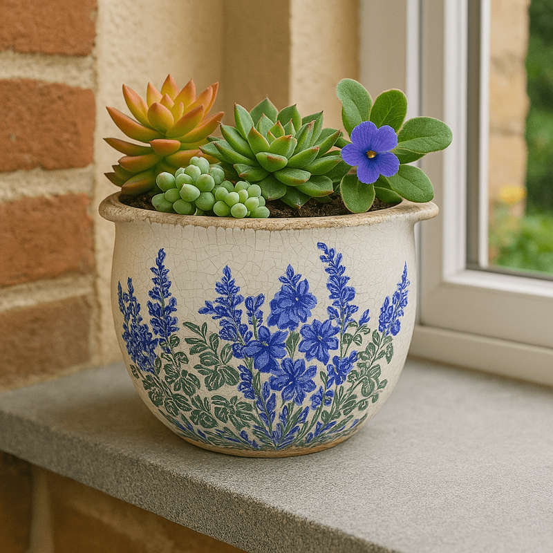 Ceramic Handled Pot Planter - Blue And Green Flowers