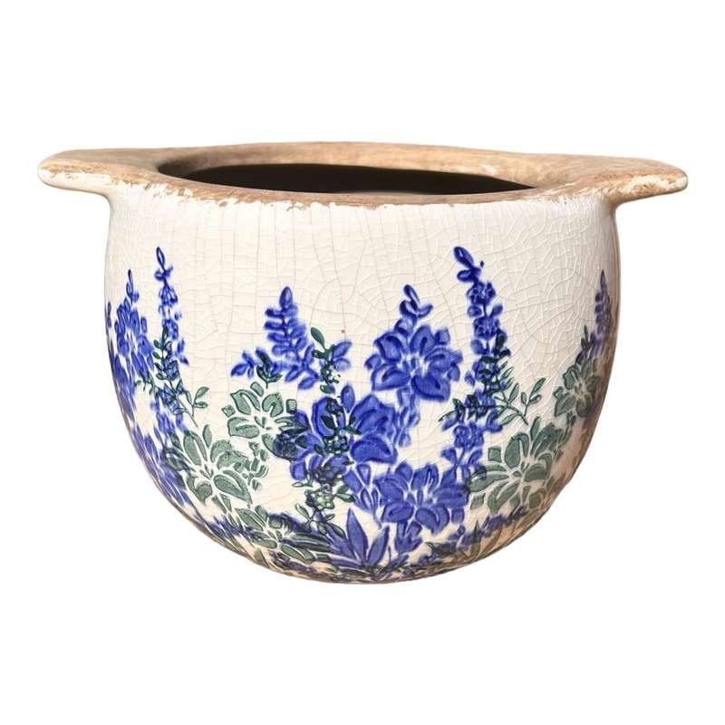 Ceramic Handled Pot Planter - Blue And Green Flowers